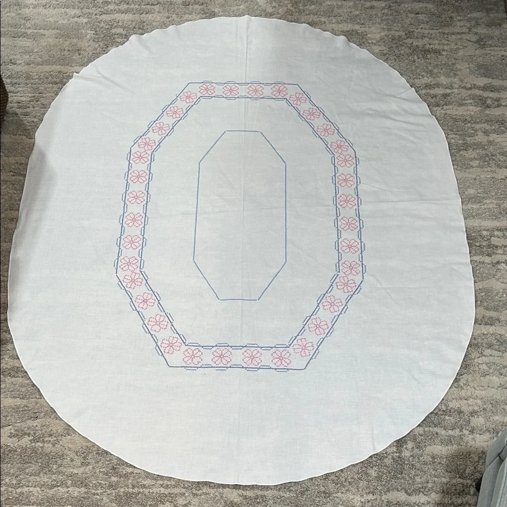 Embroidered Oval Tablecloth - White with Pink and Blue Accents - Picture 2 of 11